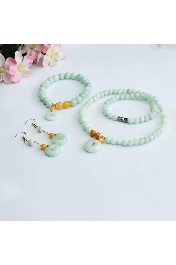 Natural Jade Bracelet Ear Hook Necklace Three piece Myanmar Jade Set