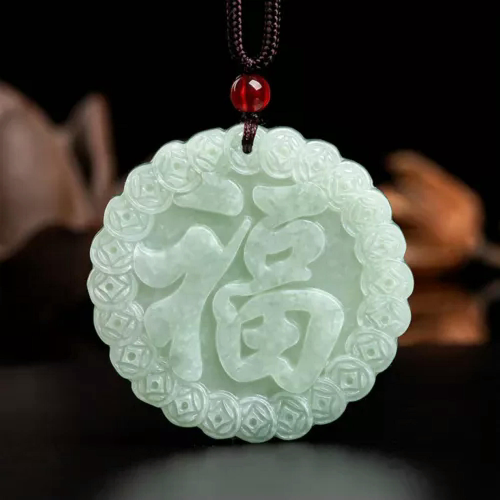 K-KED Natural Jade Jade Lucky Coin Chinese Character Fu “福” Circular ...