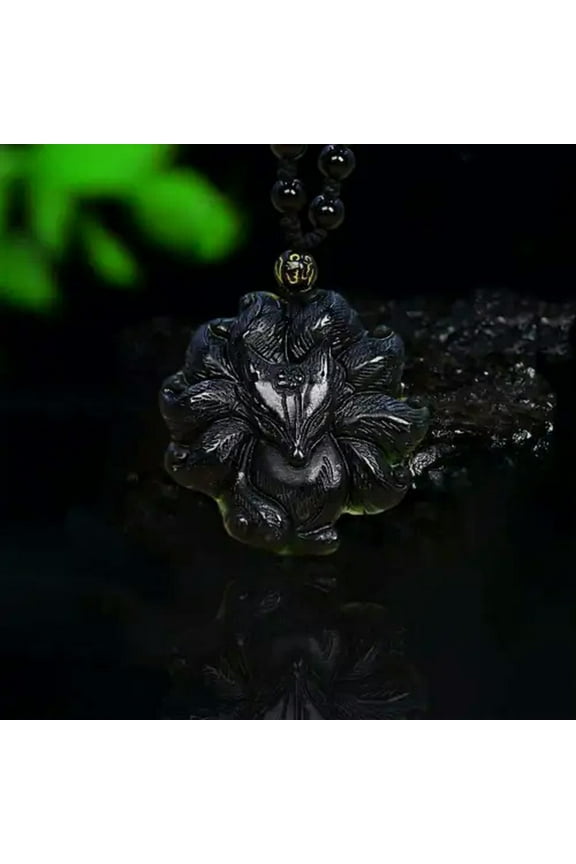 Natural Jade Nine Tailed Fox Pendant Necklace Delicate Jewelry Black Carved Luxury-default