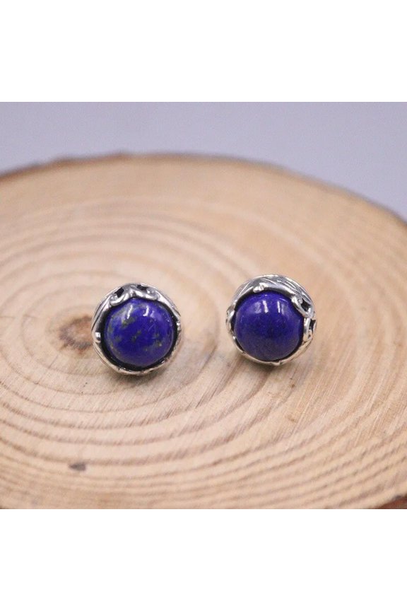 Natural Lapis Lazuli Earrings Stud Round Gem Sterling Silver 925 Earrings