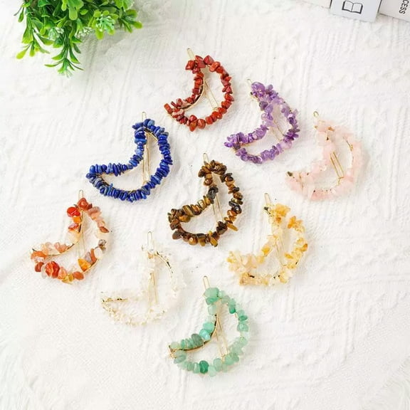 K-KED Natural Lapis Lazuli Gravel Moon Bobby Pin Quartz Crystal Hairclip Barrette Gift-default