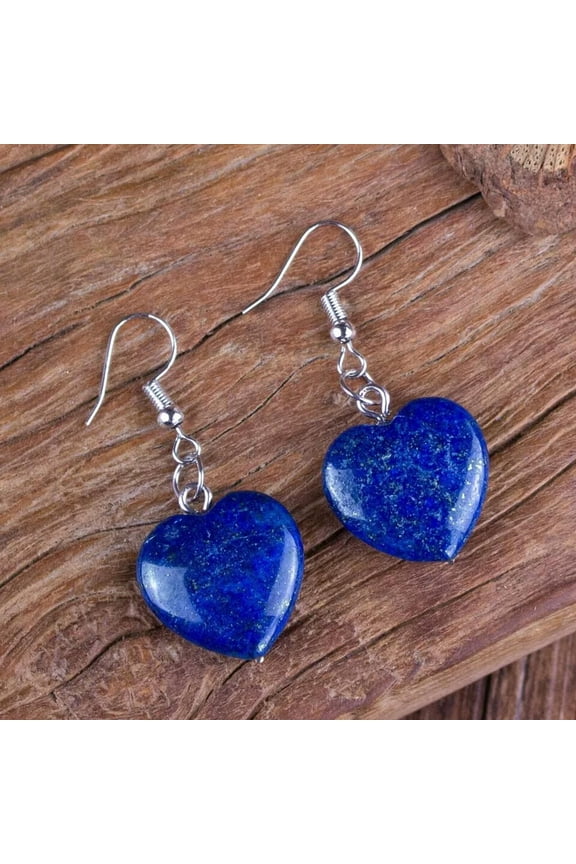 Natural Lapis Lazuli Stone Heart Dangle Earrings Blue Gemstone Hook Earrings