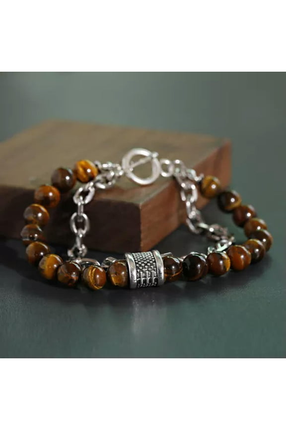 Natural Map Stone Beaded Stainless Steel Tiger Eye Bracelets Delicate Jewelry Unisex-Tiger eye