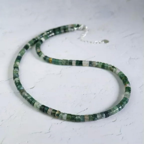 K-KED Natural Moss Agate Barrel Stone Bead Necklace Green Agate Choker Healing Crystal-14 in