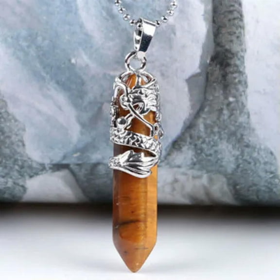 K-KED Natural Obelisk Pendant Quartz Crystal Point Wand Necklace Chakra Reiki Gemstone-Tiger's eye quartz