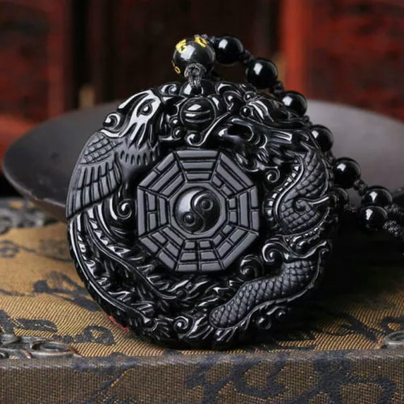 K-KED Natural Obsidian Dragon and Phoenix Necklace Pendant Fashion Lucky Amulet Hot