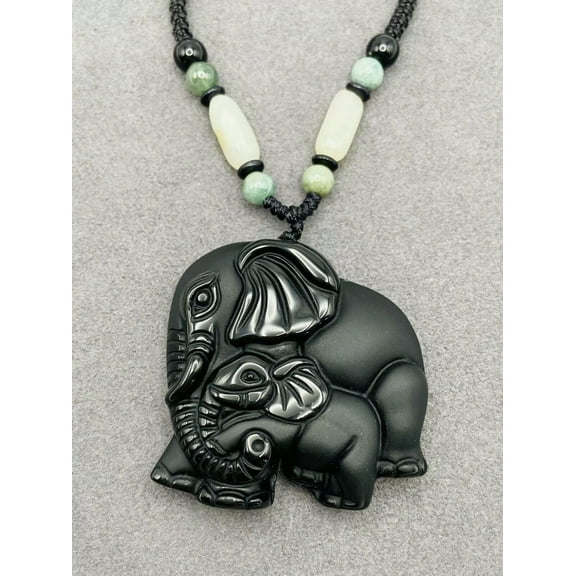 K-KED Natural Obsidian Jade Delicate Jewelry Elephant Pendant with Beads Woven Necklace