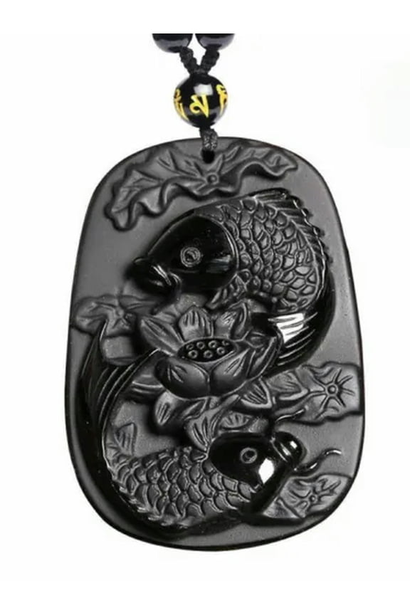 Natural Obsidian Pisces lotus fish koi necklace Amulet pendant with bead chain