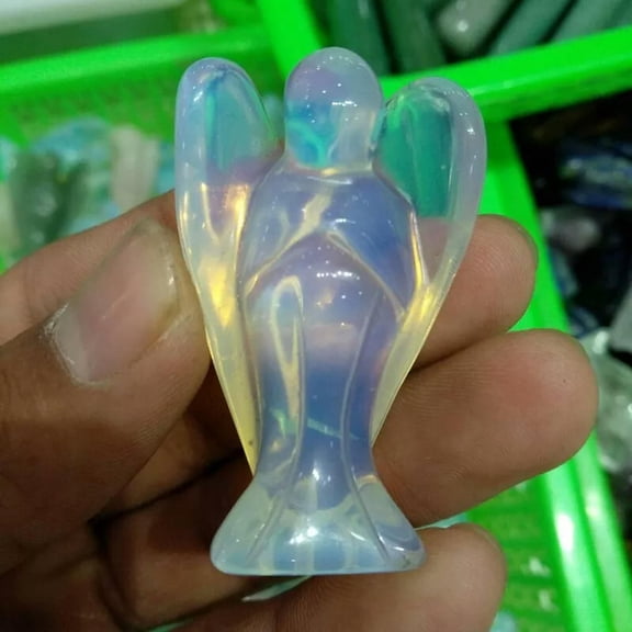 K-KED Natural Opal Quartz Crystal Carved Angel Stone Reiki Healing Mineral Decor Gift