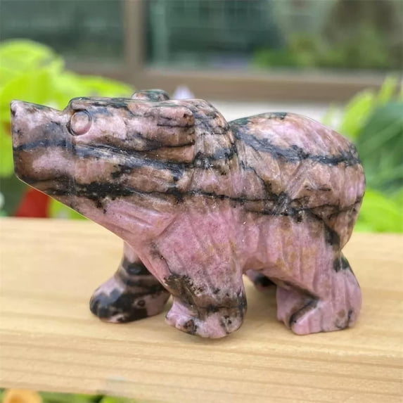 K-KED Natural Pink Rhodonite Quartz Crystal Carved Polar Bear Gemstone Animal Statue