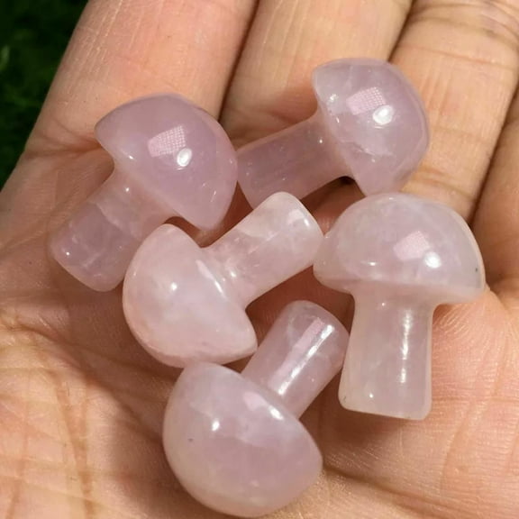K-KED Natural Pink Rose Quartz Crystal Stone Mushroom Carved Healing Mini Reiki Statue