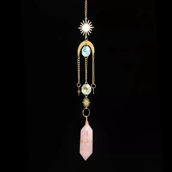 K-KED Natural Pink Rose Quartz Crystal Wind Chime Pendulum Point Wand Hanging Decor-default