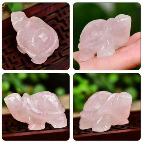K-KED Natural Quartz Crystal Carved Longevity Tortoise Animal Turtle Energy Gemstone-Rose Quartz