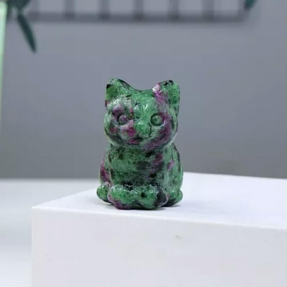 K-KED Natural Quartz Crystal Carved Lucky Cat Healing Stone Skull Kitty Mascot Animal-Ruby Zoisite Jade Stone