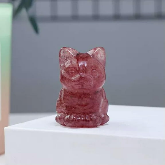 K-KED Natural Quartz Crystal Carved Lucky Cat Healing Stone Skull Kitty Mascot Animal-Strawberry Quartz Crystal