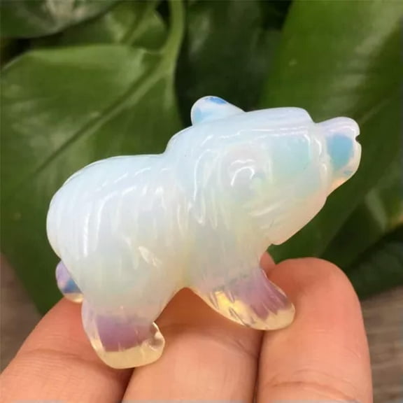 K-KED Natural Quartz Crystal Carved Polar Bear Gemstone Animal Healing Statue Ornament-Opal Quartz