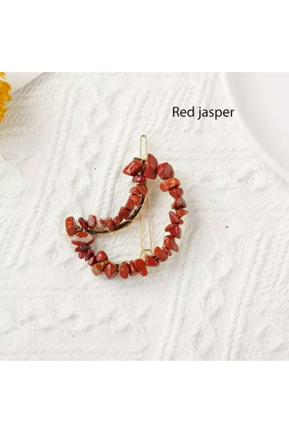 Natural Quartz Moon Bobby Pin Crystal Gravel Braided Clip Hair Accessory Healing-Red jasper