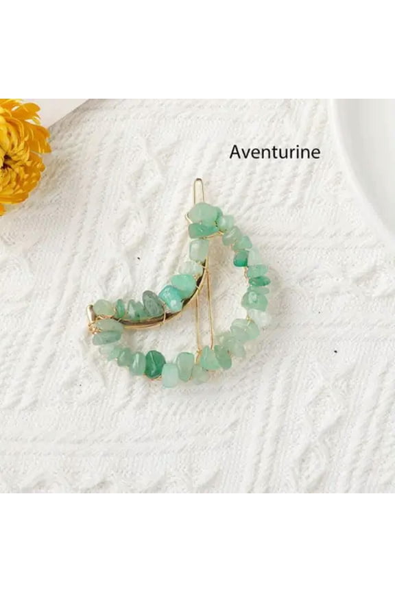 Natural Quartz Moon Bobby Pin Reiki Crystal Gravel Braided Clip Hair Accessories-Green aventurine