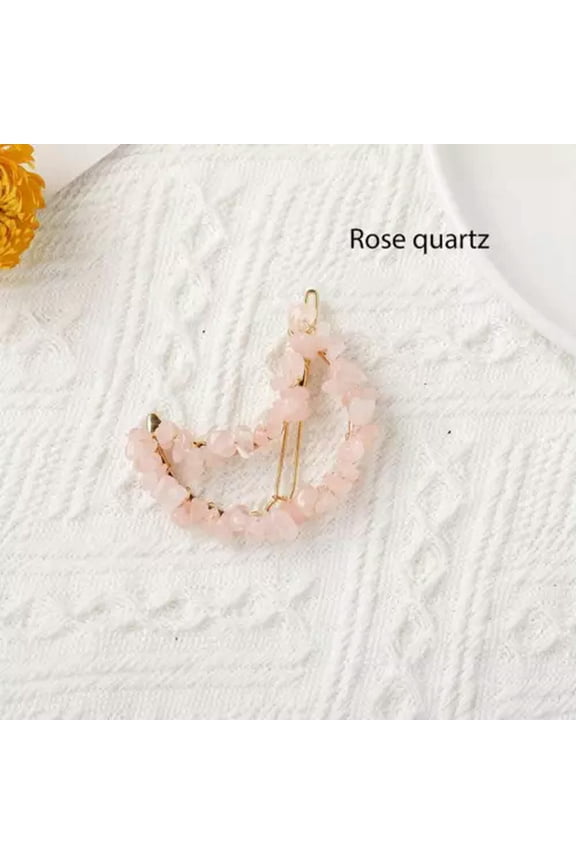 Natural Quartz Moon Bobby Pin Reiki Crystal Gravel Braided Clip Hair Accessories-Rose quartz