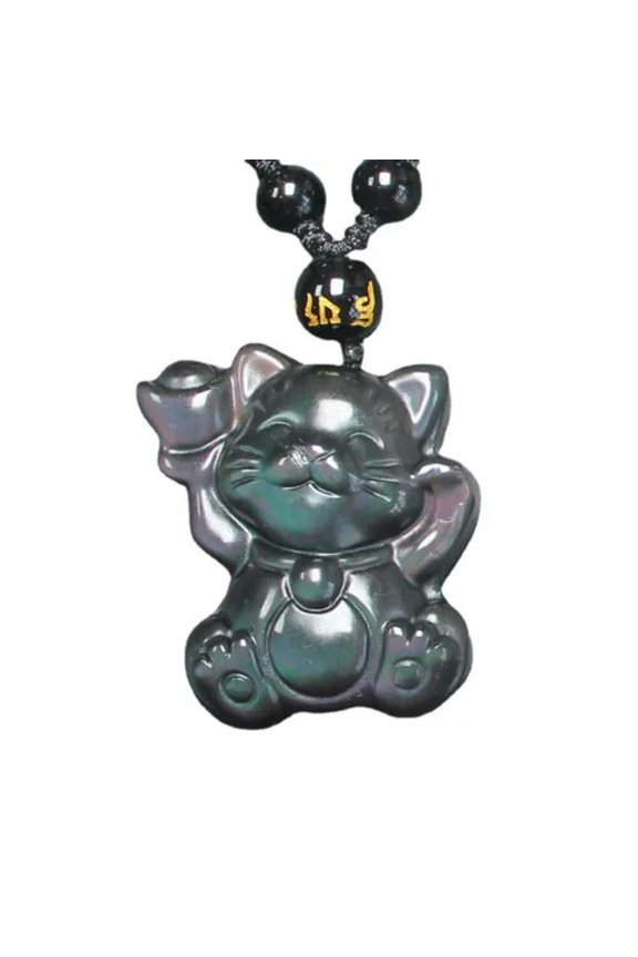 Natural Rainbow Obsidian Fortune Lucky Cat Necklace Pendant Bead with Chain
