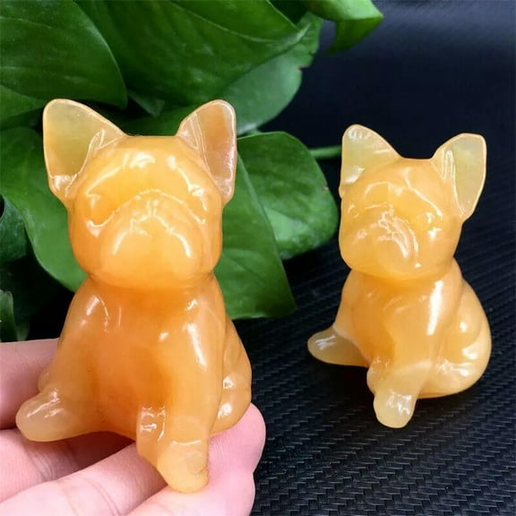 K-KED Natural Raw Yellow Jade Quartz Crystal French Bulldog Carved Cute Mini Pet Decor
