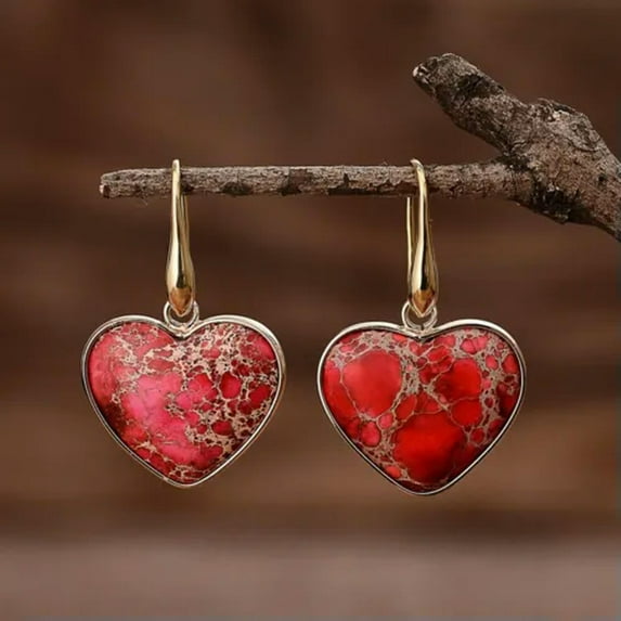 K-KED Natural Red Sea Sediment Jasper Stone Heart Dangle Earrings Drop Hook Earrings