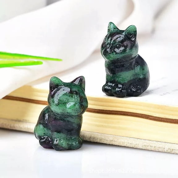 K-KED Natural Ruby Zoisite Quartz Crystal Carved Lucky Cat Gem Statue Mini Home Decor