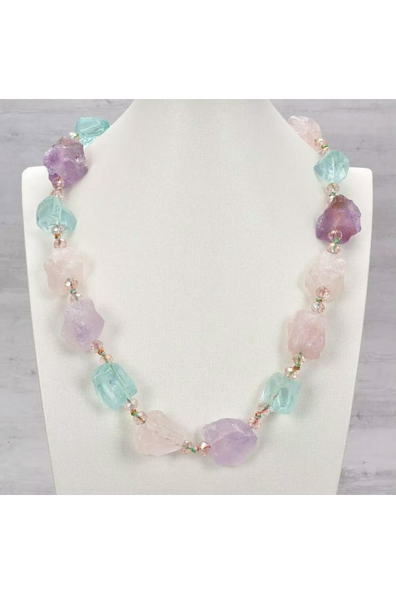 Natural Semi-Precious Rose Quartz Amethyst Blue Quartz Stone Necklace