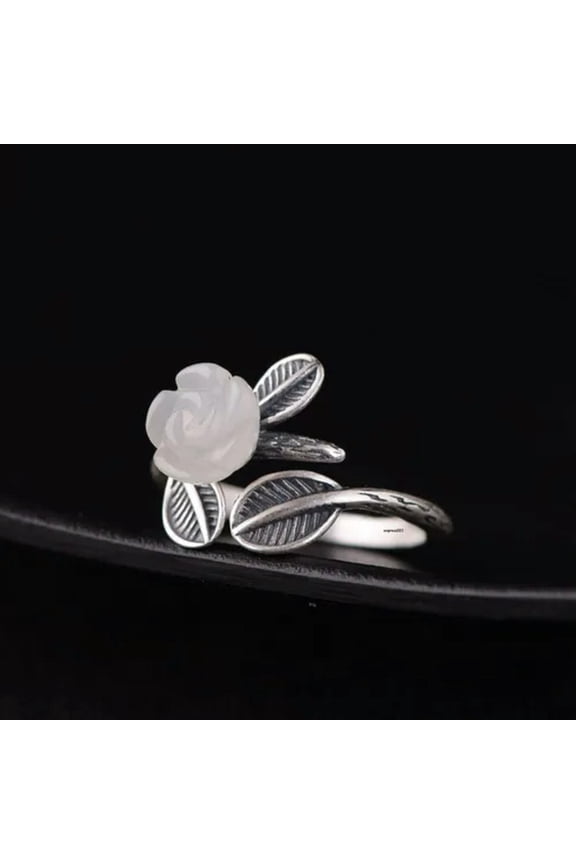 Natural Solid 925 Sterling Silver Jade Women Lucky Retro Leaf Flower Open Ring