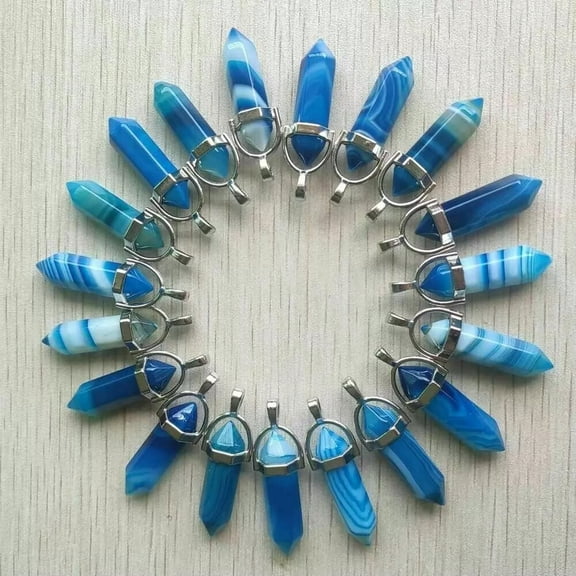 K-KED Natural Stone 100pc Blue Line Agate Pendants Hexagonal Pillar Pendulum Necklaces