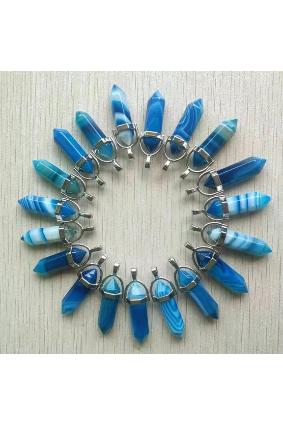 Natural Stone 100pc Blue Line Agate Pendants Hexagonal Pillar Pendulum Necklaces