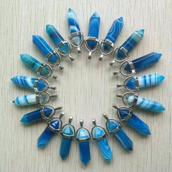 K-KED Natural Stone 50pcs Blue Line Agate Pendants Hexagonal Pillar Pendulum Necklaces