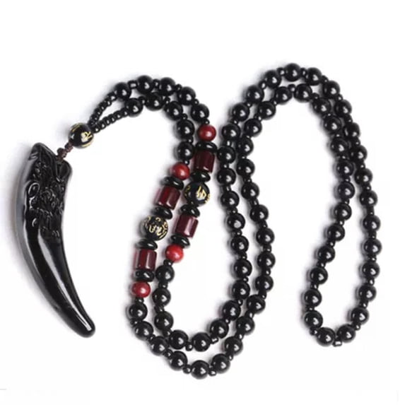 K-KED Natural Stone Black and Ice Obsidian Pendant Necklace Wolf Tooth Amulets Fashion
