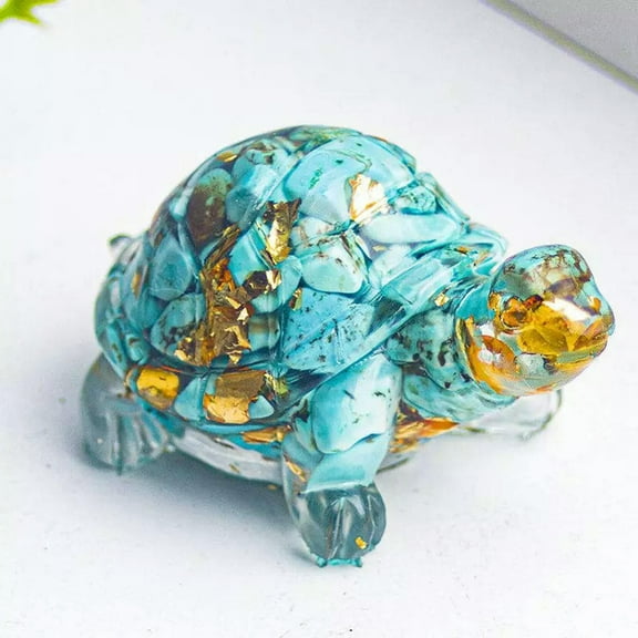 K-KED Natural Turquoise Quartz Crystal Longevity Turtle Carved Chip Stone Resin Statue