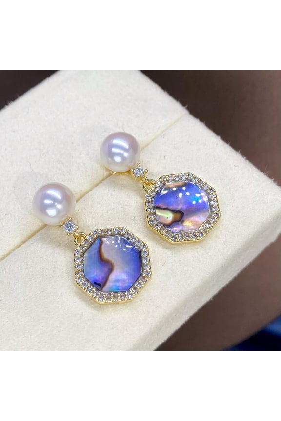 Natural White 6-7mm Freshwater Pearl Abalone Shell Earrings