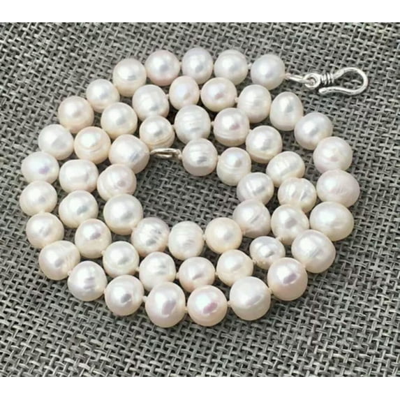 K-KED Natural White 7-10mm Akoya Freshwater Pearl Necklace 14-50'' 925 Silver Clasp-9-10 mm-18 in