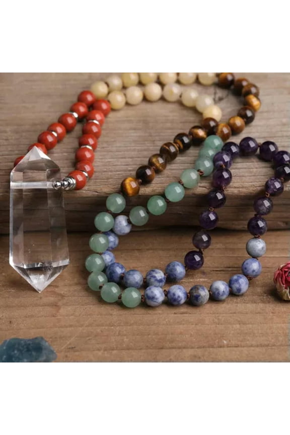 Natural White Quartz Pendant 8mm Chakra Stone Beads Cord Knotted Mala Necklace-32 inch