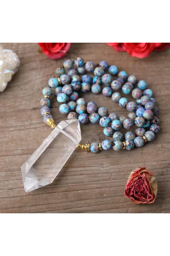 Natural White Quartz Pendant 8mm Sea Sediment Jasper Bead Knot Handmade Necklace-40 inch