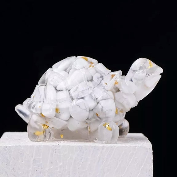 K-KED Natural White Turquoise Quartz Crystal Tortoise Carved Crushed Stone Resin Decor
