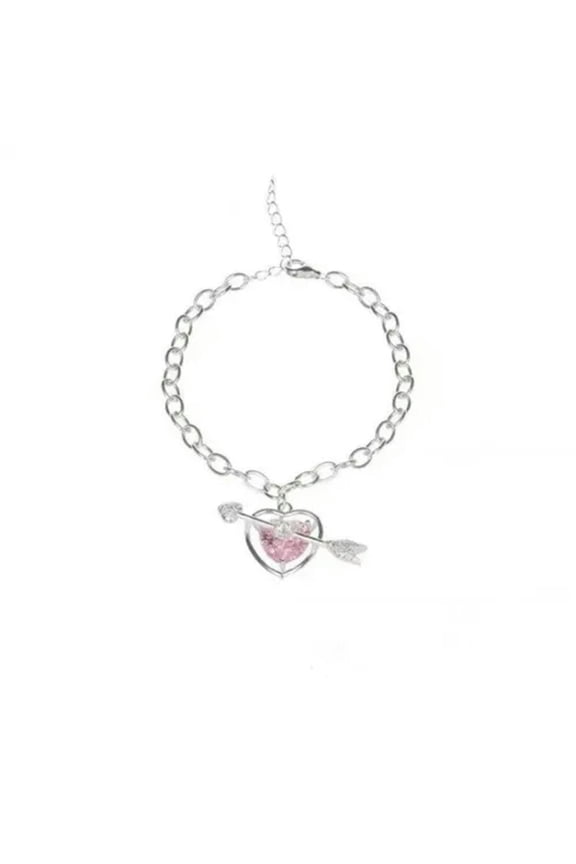New 925 Silver Cupid Arrow Heart Pink Crystal Chain Link Bracelet Necklace Set-Bracelet