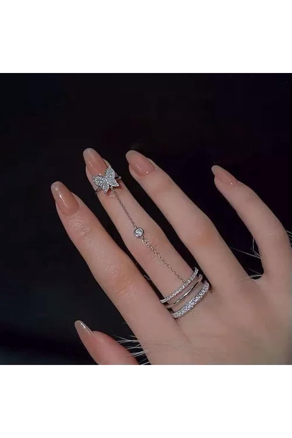 New Butterfly Tassel Rings for Women Ring Double Finger Chain Punk Rings