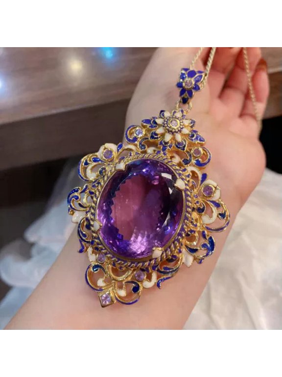 New Huge Amethyst Gemstone Enamel Classical Women Necklace Pendant Ring-Pendant only with Chain