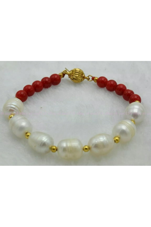 New Natural 10-11mm Baroque White Pearl 8mm Red Coral Gems Round Beads Bracelet
