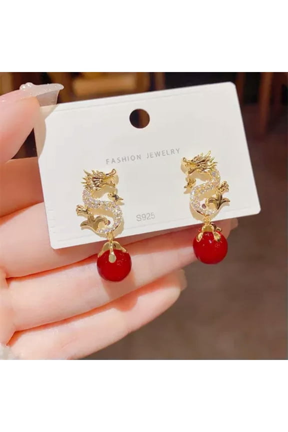 New Year Dragon Earrings Pearl Diamond Ear Hoops Fashion Vintage Chinese Gifts-_-red