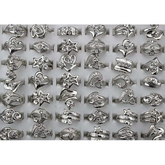 K-KED Newest Wholesale Mixed Lot 30pcs Rhinestone silver Plated Women's Charm Rings