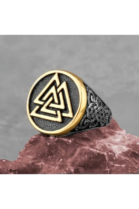 Nordic Trend Viking Odin Triangle Rune Men's Stainless Steel Rings Sizes 7-13-Silver/Gold-13