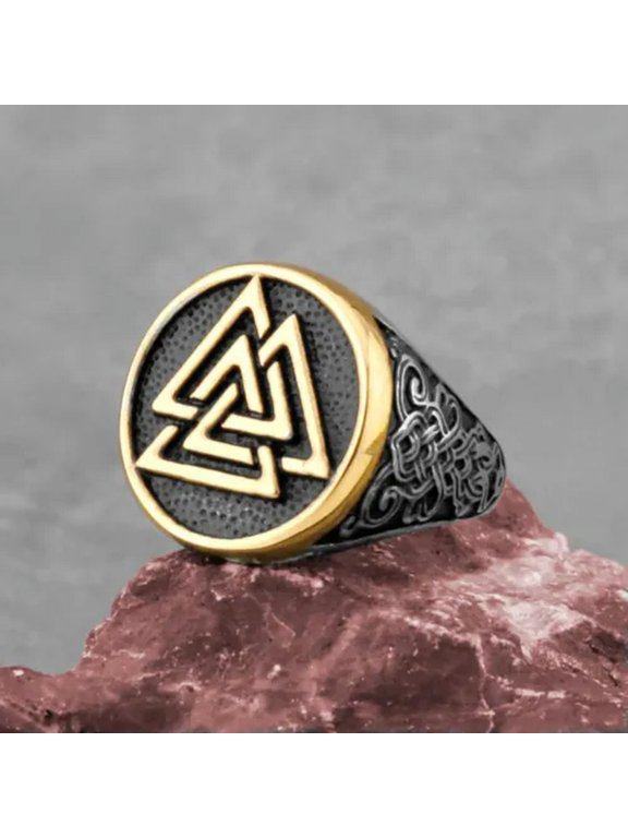 Nordic Trend Viking Odin Triangle Rune Men's Stainless Steel Rings Sizes 7-13-Silver/Gold-7