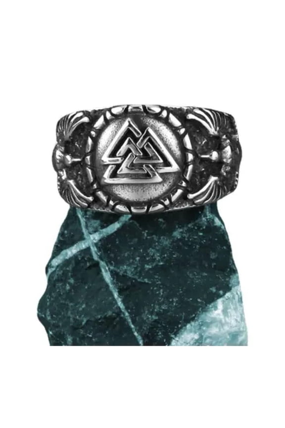 Nordic Viking Odin Crow Vintage Triangle Rune Stainless Steel Rings Size 7-13-8