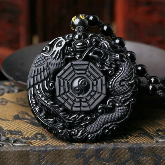 K-KED Obsidian Crystal Dragon Phenix Yingyang Necklace Pendant with Bead Chain-black obsidian