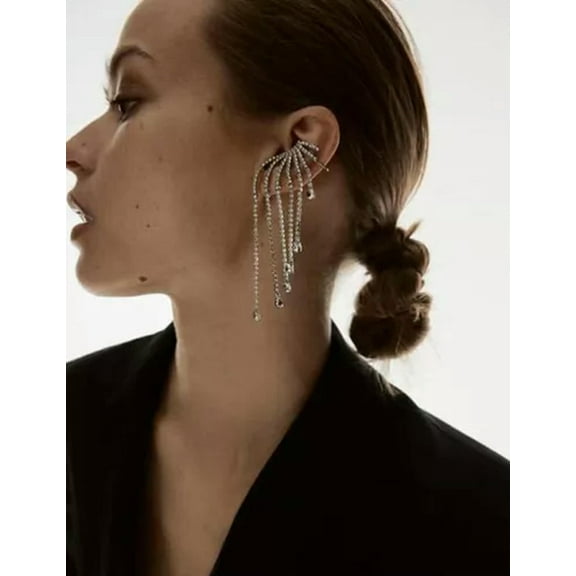 K-KED One Silver Ear Climber Earring Tassel Spiked Ear Cuff 1 Ear Wrap Crawler Crystal